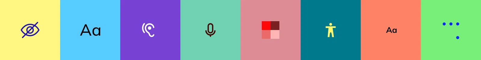 Barrierefreiheit auf Websites Farbiges Symbolbanner mit Icons für Barrierefreiheit, darunter Seh-, Schrift-, Hör-, Sprach- und Mobilitätshilfen sowie weitere Optionen.