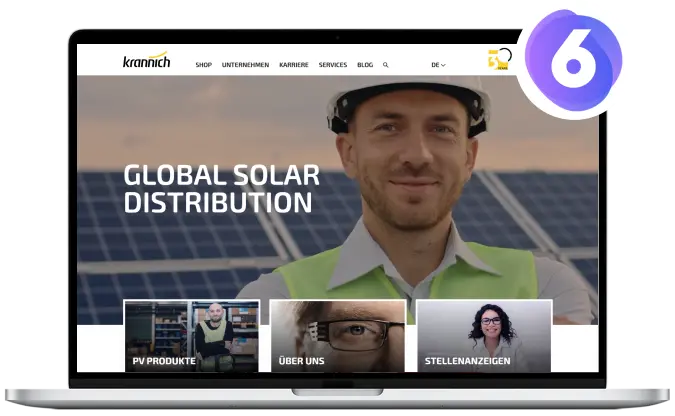 Laptop-Mockup mit geöffneter Website von Krannich Solar und Shopware 6-Logo oben rechts – Darstellung eines modernen E-Commerce-Auftritts für Solartechnik.