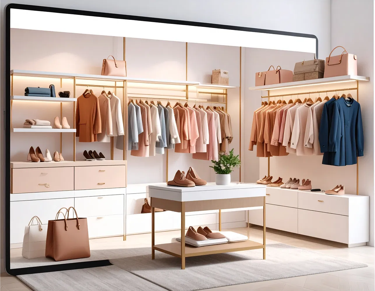 shop-in-shop-e-commerce Eleganter Mode-Showroom mit Kleiderstangen, Schuhen, Handtaschen und moderner Einrichtung in Beige- und Rosatönen.