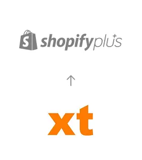 xt:commerce zu Shopify+ Migration Migration von xt:Commerce zu Shopify Plus, dargestellt durch einen Pfeil vom xt:Commerce-Logo zum Shopify Plus-Logo