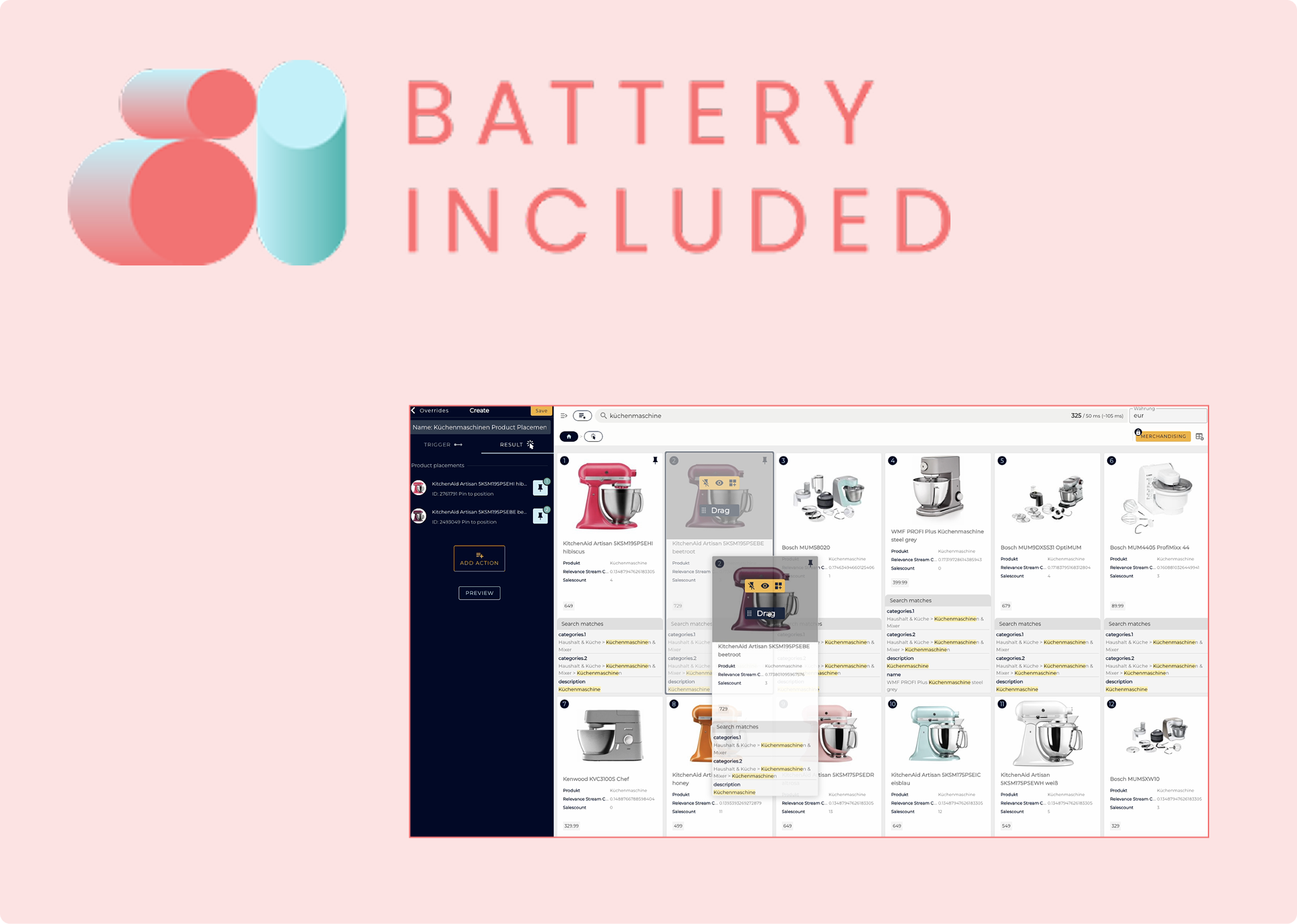BatteryIncluded Shopware Integration BatteryIncluded Logo und Vorschau der Benutzeroberfläche