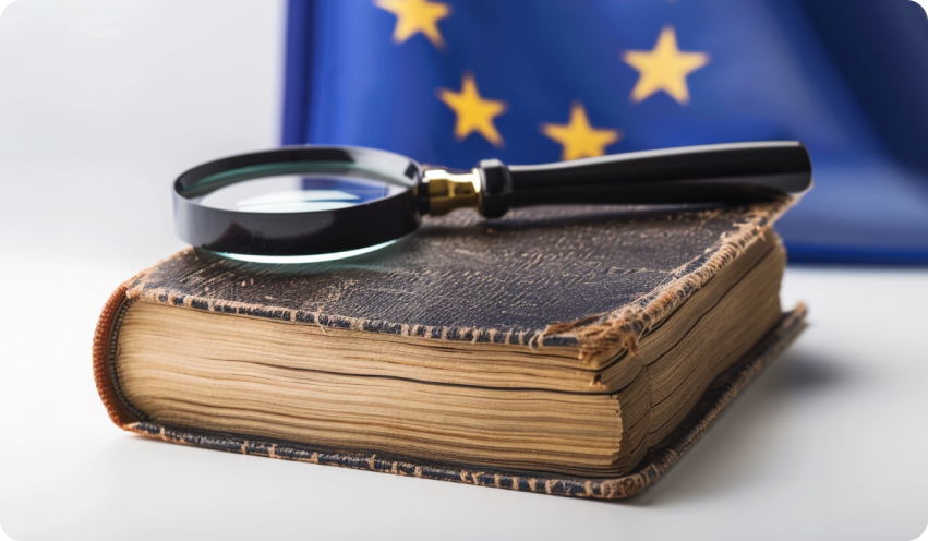 Produktsicherheitsverordnung: Wie Sie nun handeln sollten. Symbolbild für Produktsicherheitsverordnung: Altes Buch mit Lupe darauf und EU-Flagge im Hintergrund