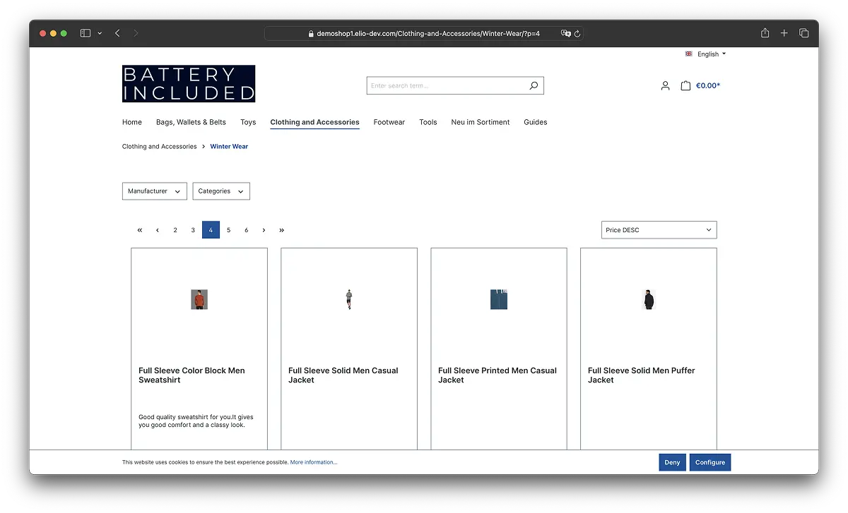 Demoshop in dem BatteryIncluded by elio im Einsatz ist Zu sehen ist ein BatteryIncluded-Demoshop, bei dem die Kategorie „Clothing and Accessories“ mit der Unterkategorie „Winter Wear“ ausgewählt wurde.