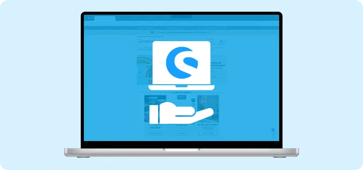 Laptop mit blauem Bildschirm, darauf ein weißes Hand-Symbol, das ein Icon mit dem Shopware-Logo hält – symbolisiert Service oder Unterstützung für Shopware.