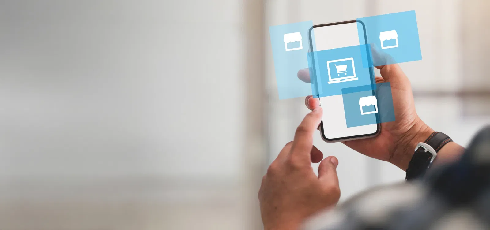 Person nutzt ein Smartphone mit Shop-Symbolen auf dem Display – Darstellung eines Shop-in-Shop-Konzepts in einem Einzelhandelsumfeld