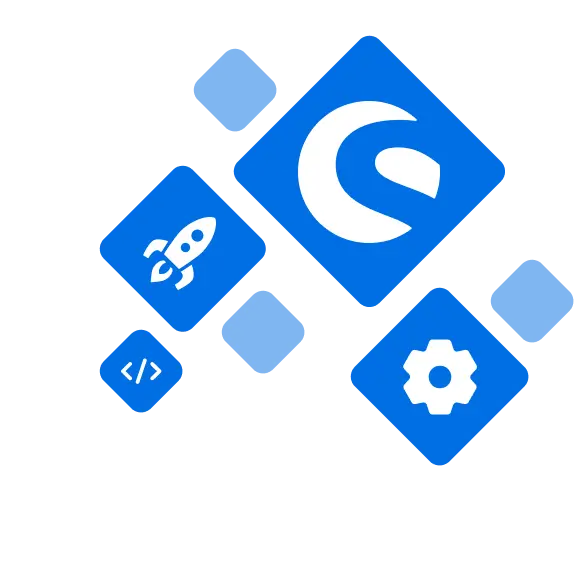 Shopware Migration Illustration mit Shopware-Logo und Symbolen für Entwicklung, Raketenstart und Einstellungen in blauen Kacheln