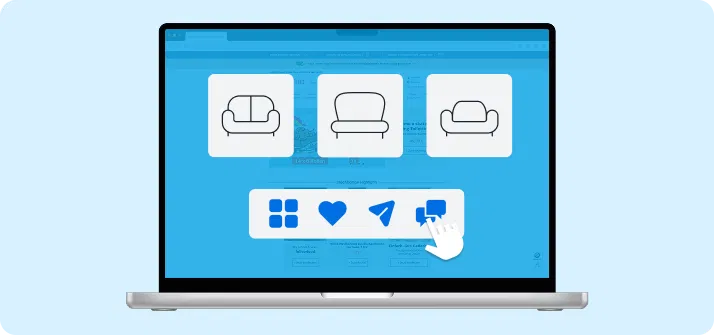 Shopware Digital Sales Rooms Laptop mit blauer Benutzeroberfläche, auf dem drei Sofas zur Auswahl angezeigt werden und darunter Symbole für Favoriten, Teilen und Bewertung – symbolisiert Online-Shopping oder Produktauswahl im E-Commerce.