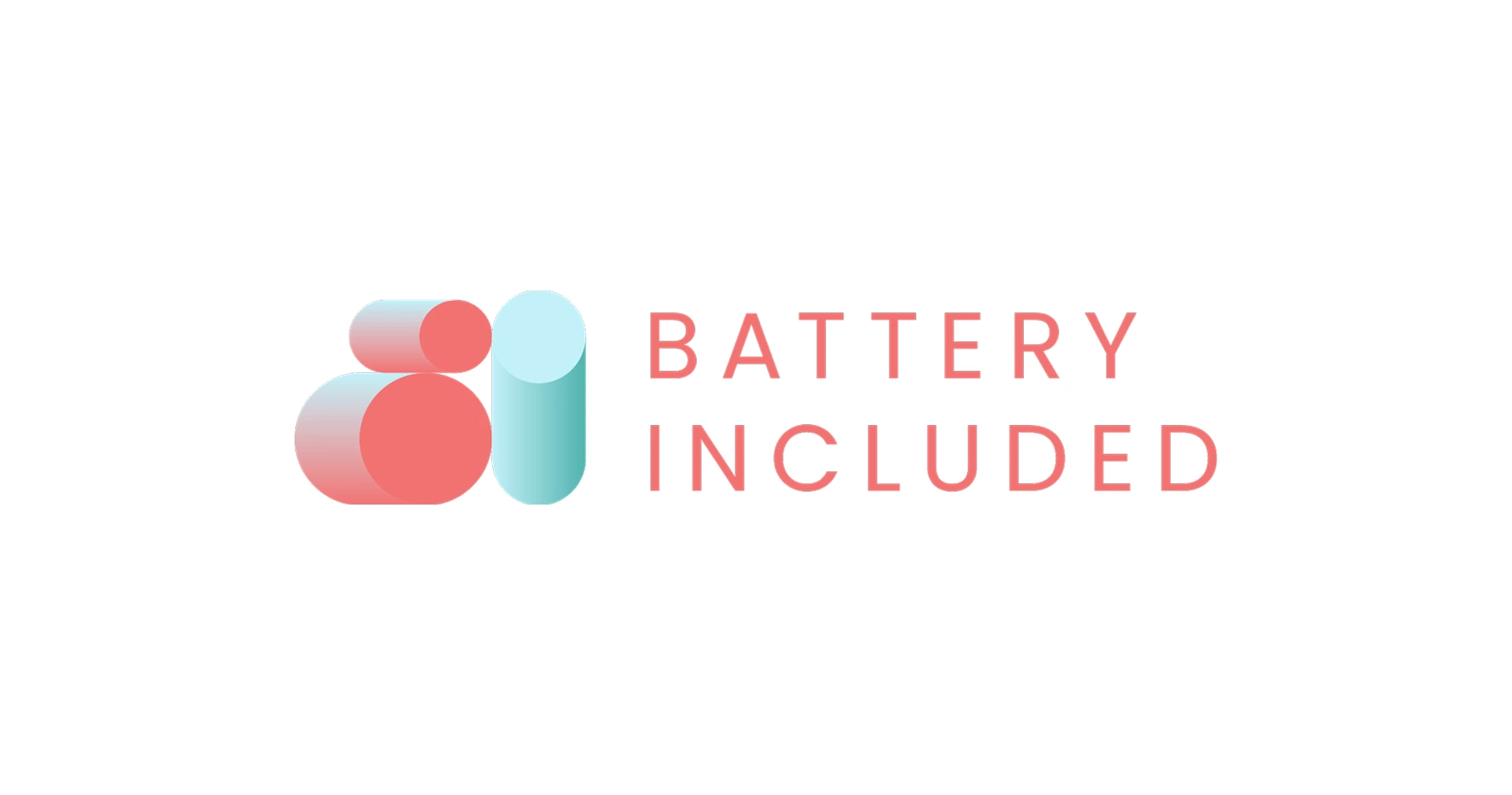 Logo mit dem Schriftzug ‚Battery Included‘ in rosaroter Schrift. Links daneben abstrahierte geometrische Formen in Rot- und Türkistönen, die zusammen wie Batteriezellen wirken.