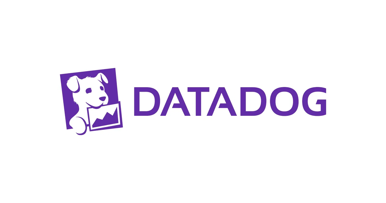Datadog Lila Datadog-Logo mit einem stilisierten weißen Hund in einem Quadrat, der ein Diagramm mit ansteigender Kurve hält. Rechts daneben der Schriftzug ‚DATADOG‘ in Großbuchstaben.
