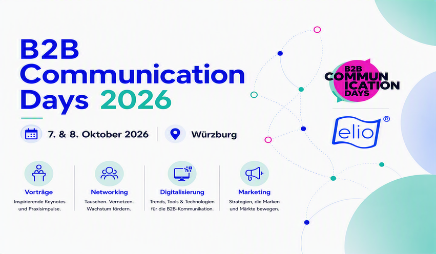 Veranstaltung mit Datum, Ort und Themen sowie den Logos von elio und B2B days